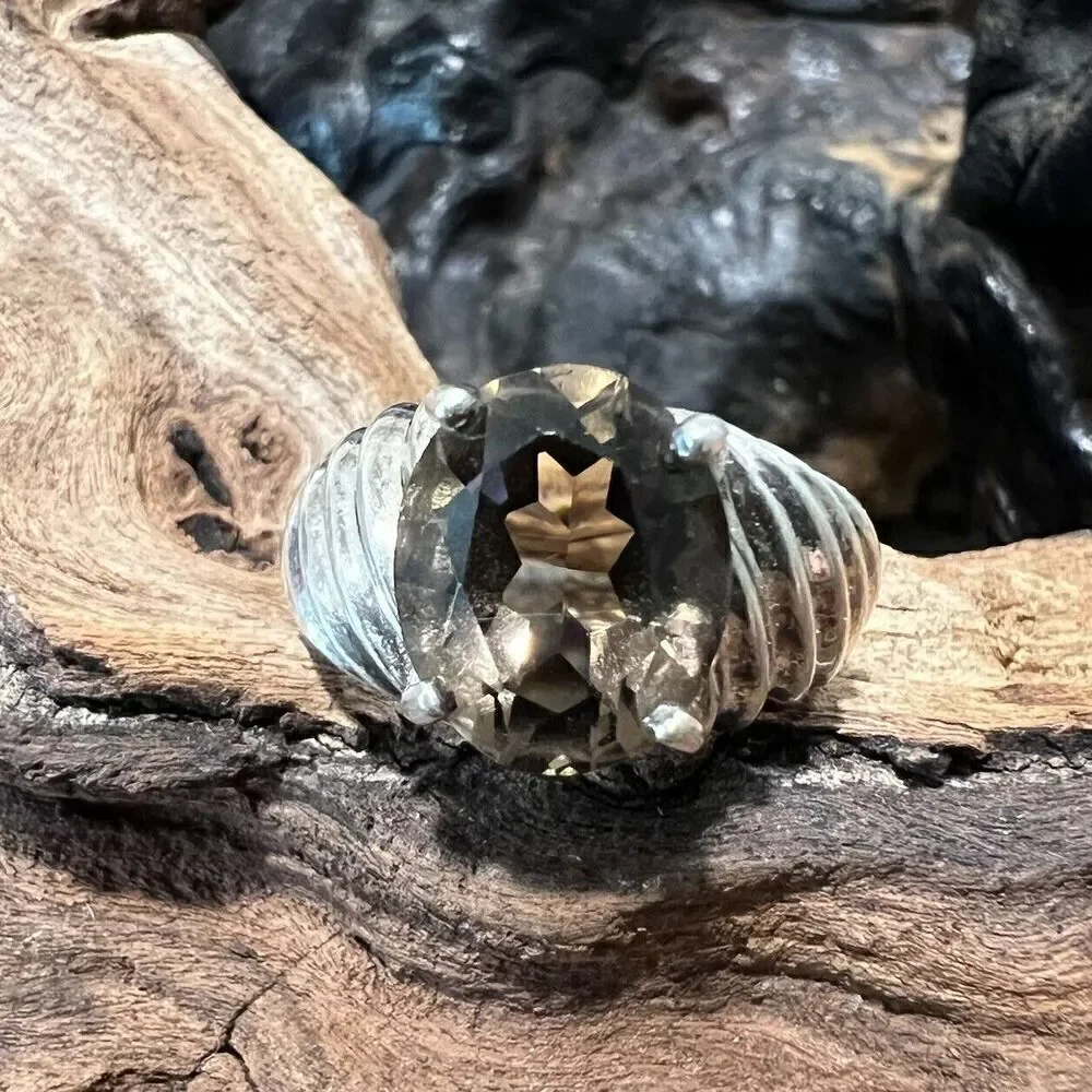 Vintage Clyde Duneier 3.63 ct Oval Smoky Quartz Ring Size 7 Sterling Silver CID